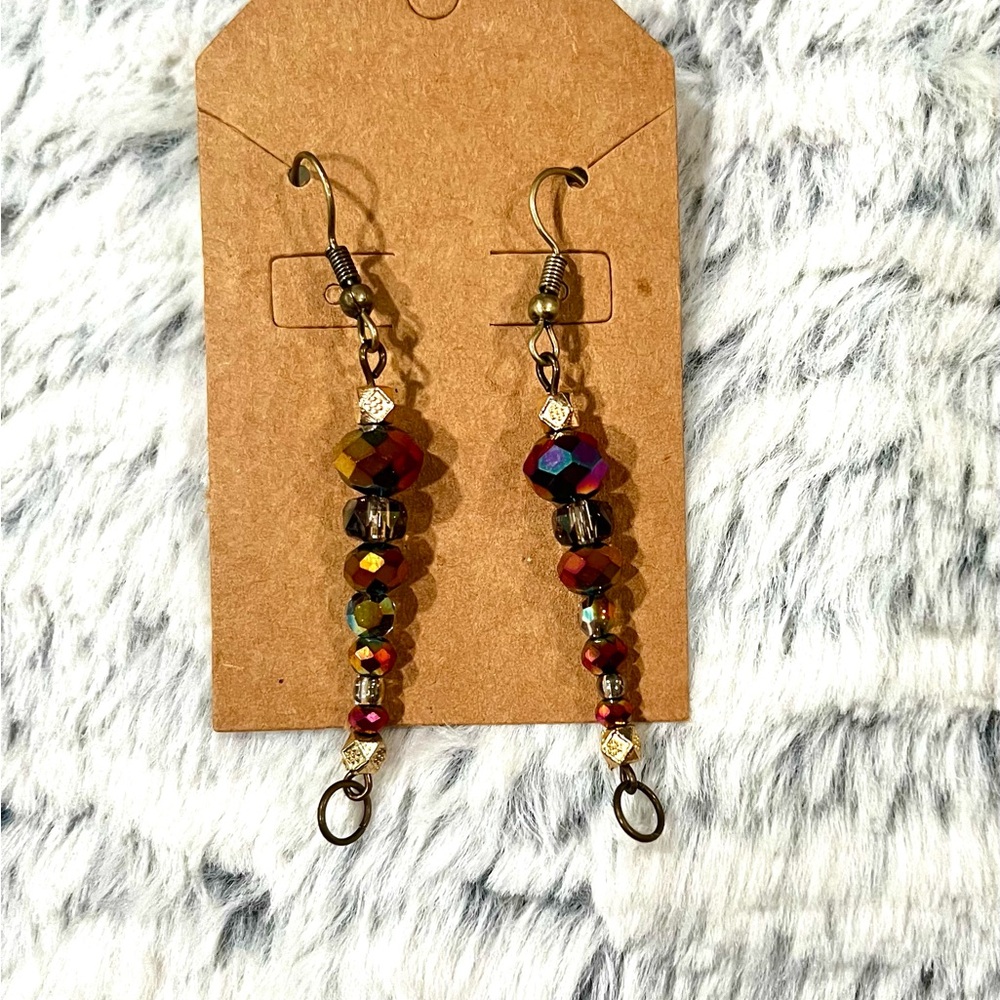 Chic Yellow & Purple Iridescent Beaded Bronze Drop Earrings